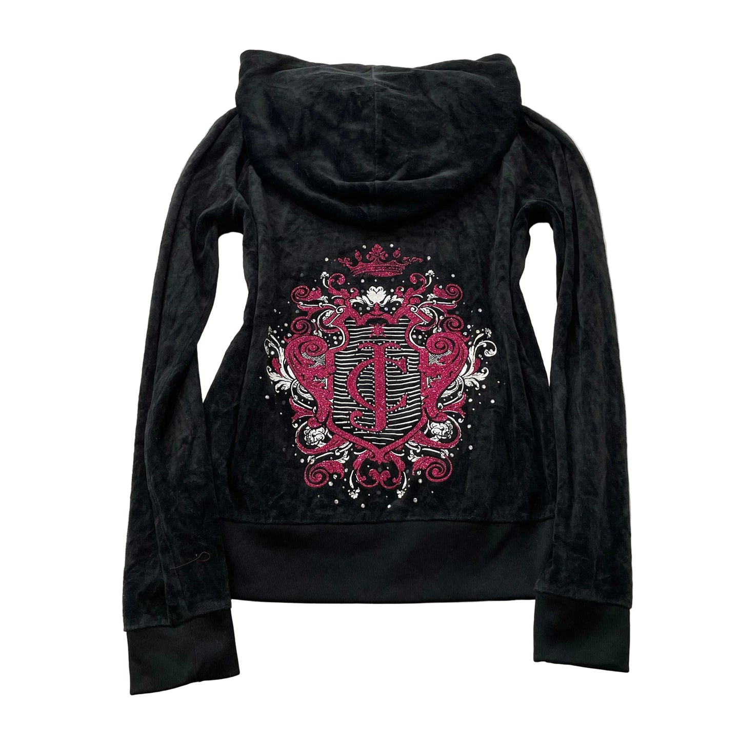 Juicy Couture Womens Black Velour Zip-Up Hoodie Pink Glitter Graphic Logo Size S