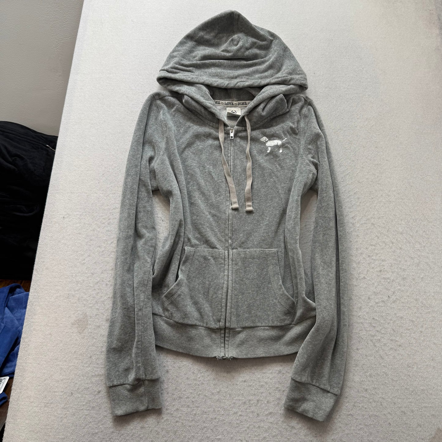 Victoria's Secret PINK Women's Gray Velour Full Zip Hoodie Drawstring Y2k Size L