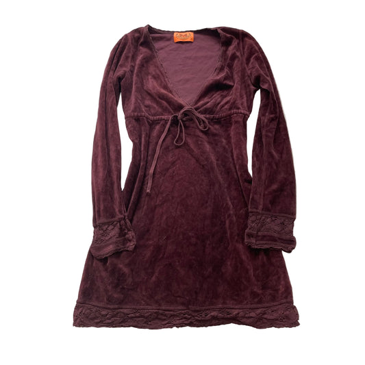 2003 Vintage Juicy Couture Women Burgundy Velour Midi Dress Lace Trim Y2k Size S