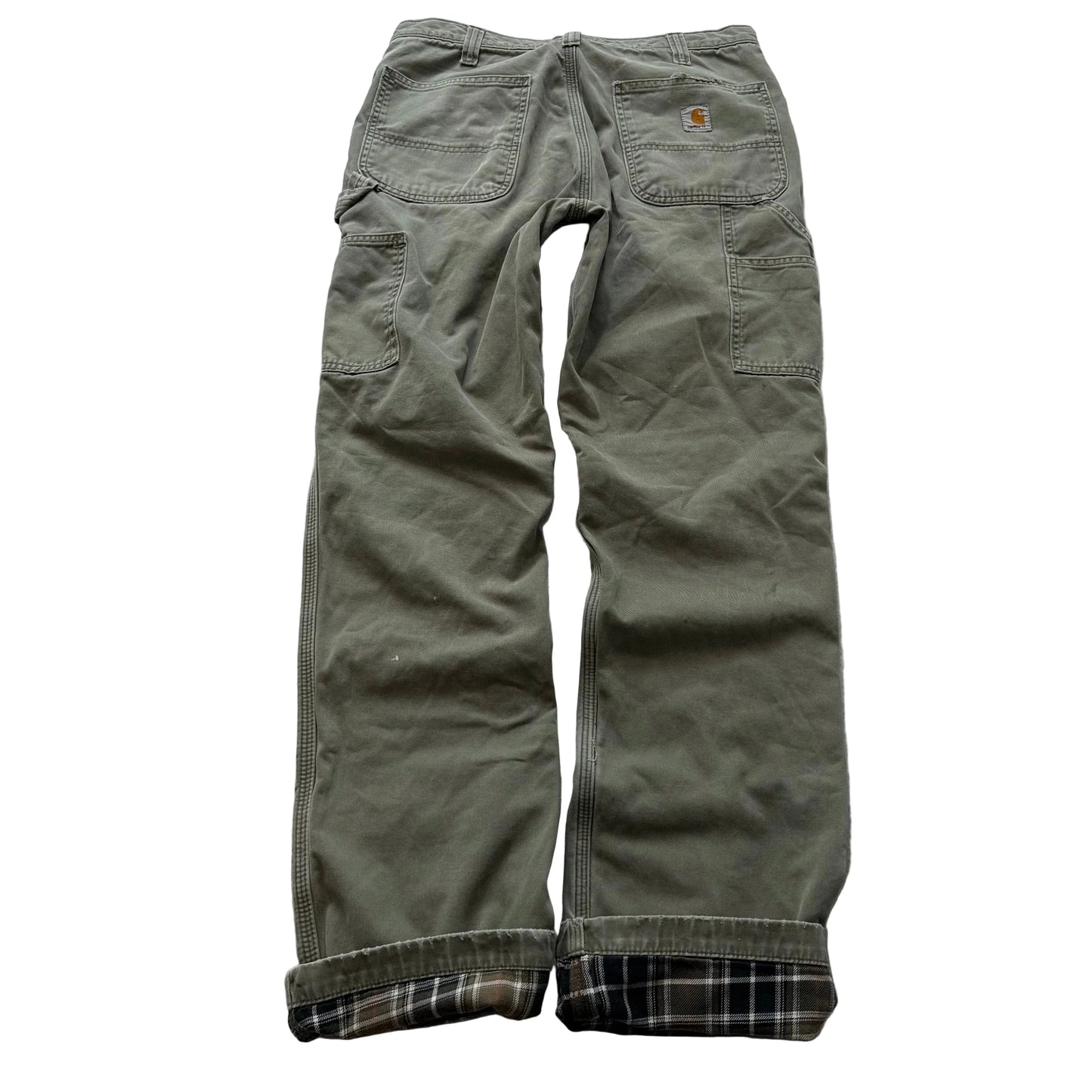 Carhartt Relaxed Fit Men Olive Green Flannel-Lined Double Knee Work Pant - 32x34