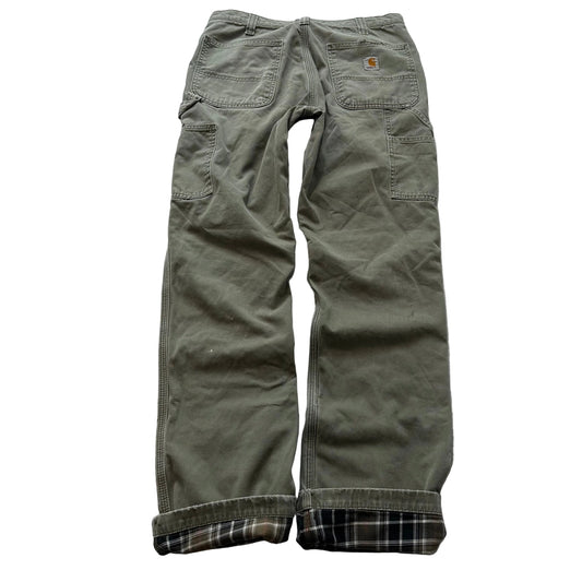 Carhartt Relaxed Fit Men Olive Green Flannel-Lined Double Knee Work Pant - 32x34