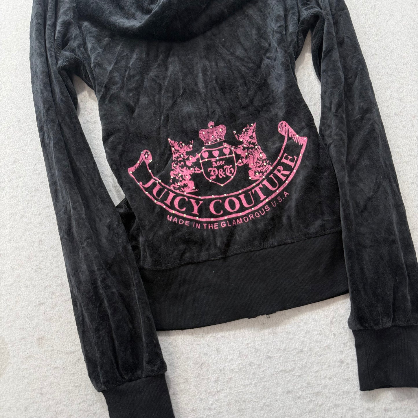 Vintage Juicy Couture Scottie Dogs Womens Black Velour Zip-Up Hoodie Logo Size S