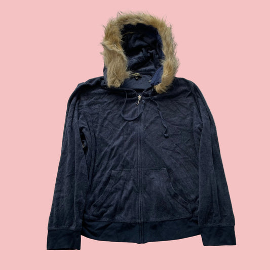 Juicy Couture Women's Navy Terry Cloth Zip-Up Faux Fur Hoodie Pockets Size 2X