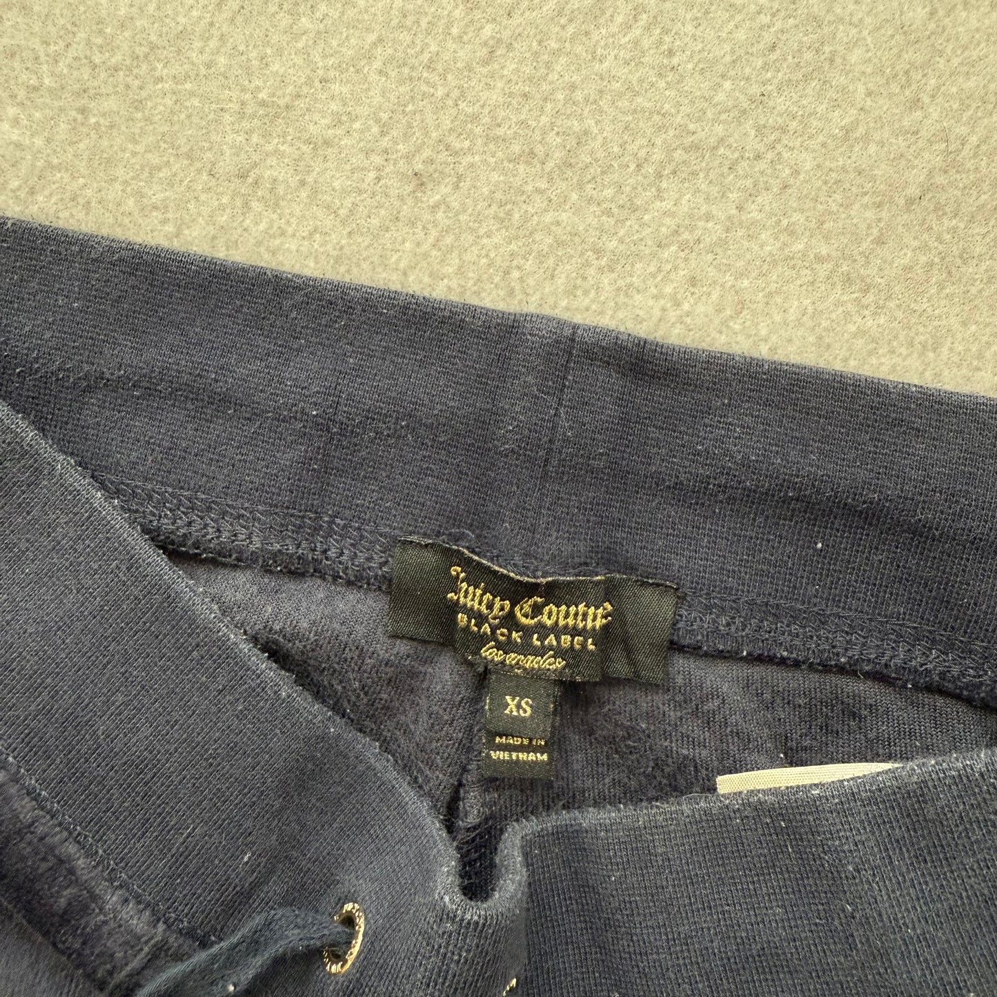 Juicy Couture Women Navy Blue Velour Flared Track Pant Front Pocket Logo Size XS