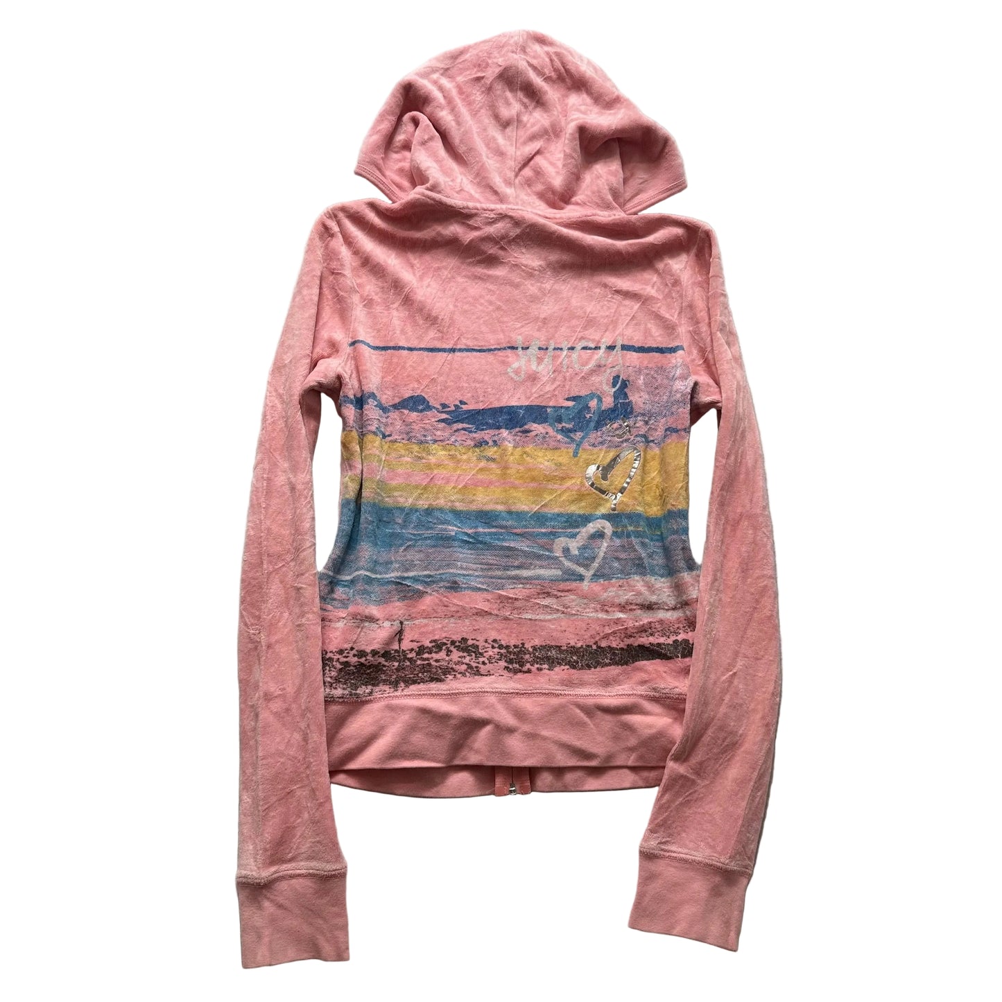Juicy Couture Women's Pink Velour Zip-Up Hoodie Back Beach Sunset Graphic Size M