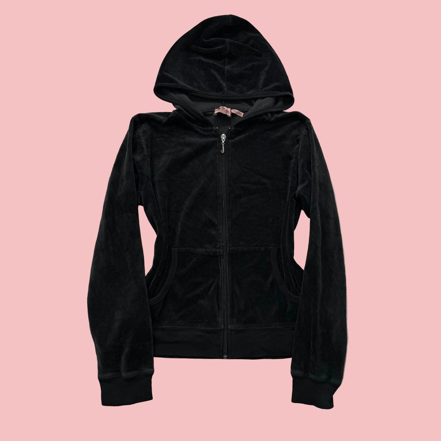 Vintage Juicy Couture Women's Jet Black Velour Full Zip Hoodie Y2k Pocket Size S