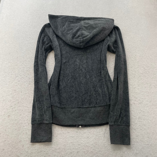 Bebe Women's Charcoal Gray Velour Zip-Up Hoodie Rhinestones Front Logo Size S