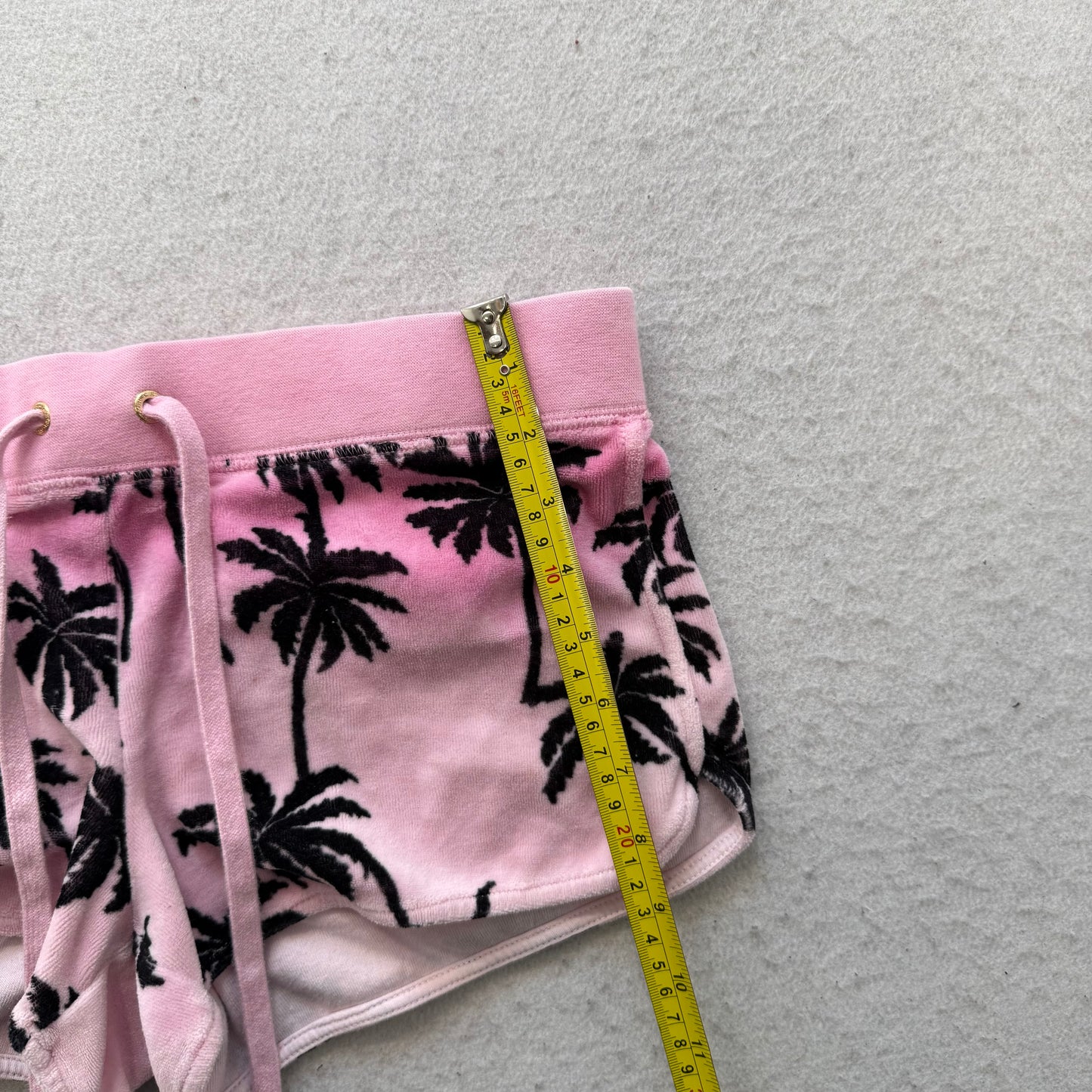Juicy Couture Womens Pink Black Velour Mini Shorts Palm Tree Print Pocket Size S