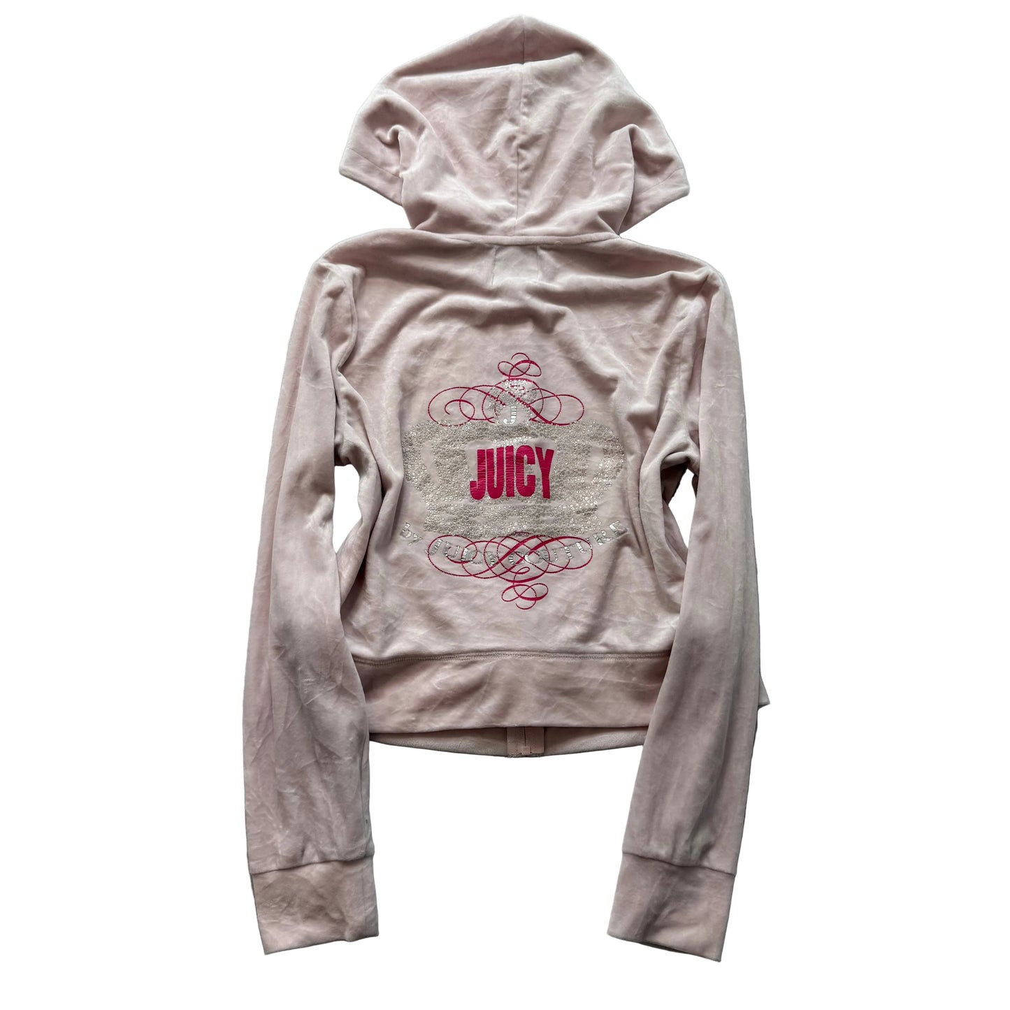 Juicy Couture Womens Light Pink Velour Zip-Up Hoodie Pockets Glitter Logo Size M