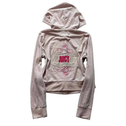 Juicy Couture Womens Light Pink Velour Zip-Up Hoodie Pockets Glitter Logo Size M