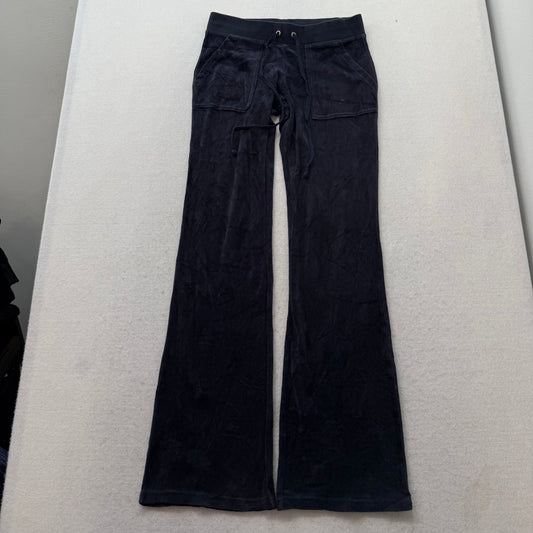 Juicy Couture Women Navy Blue Velour Flared Track Pant Front Pocket Logo Size XS