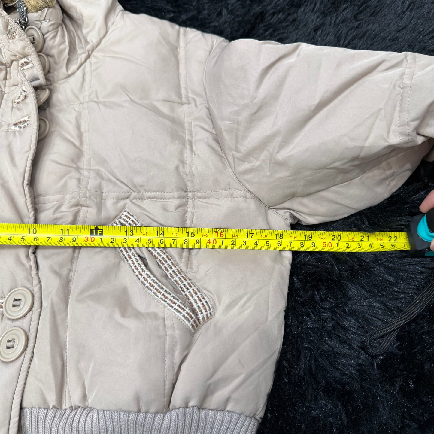 Mudd Women's Beige Zipper Bomber Jacket Ribbed Cuffs Hem Faux Fur Hooded Size S