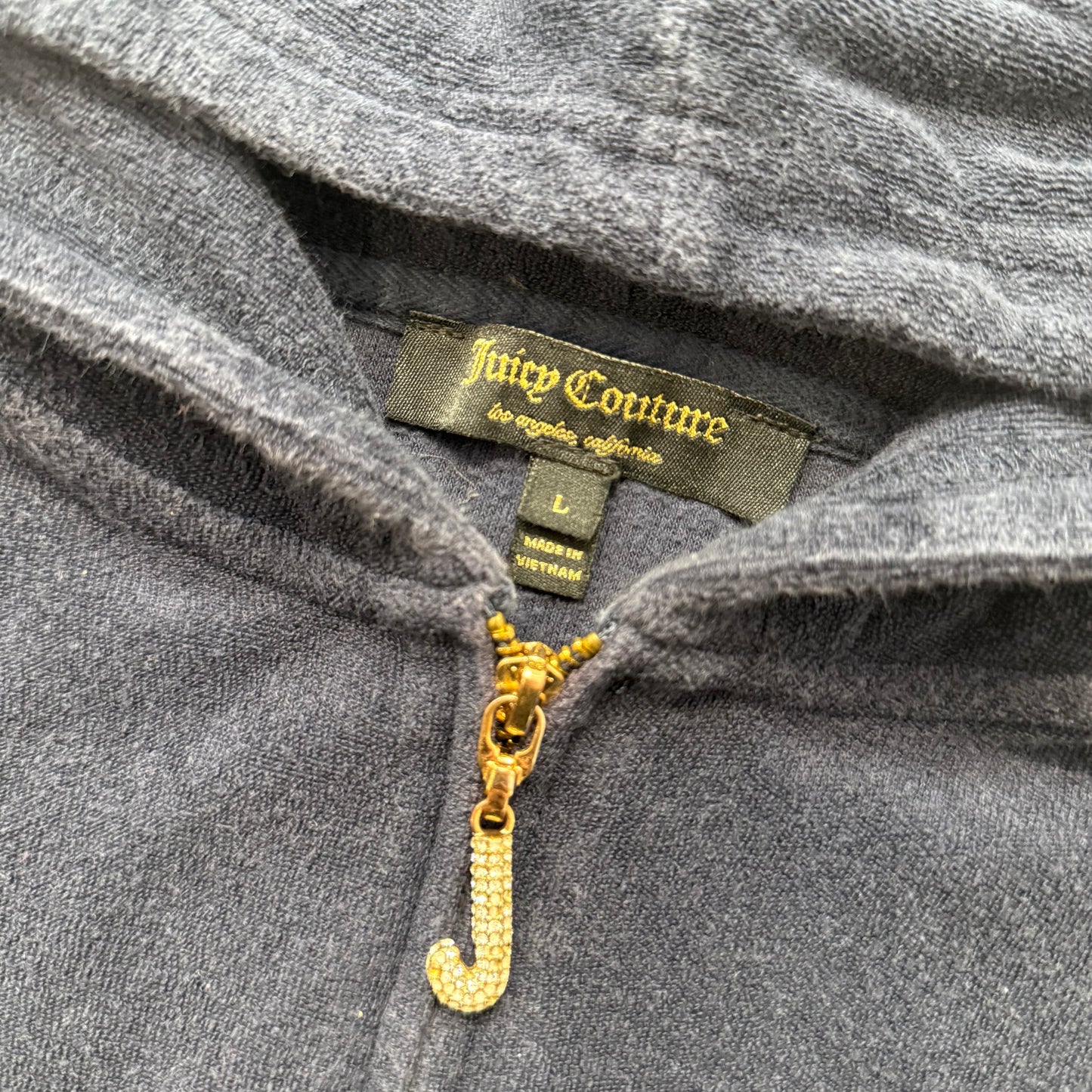 Vintage Juicy Couture navy terry cloth full zip hoodie with J zip rhinestone design size L