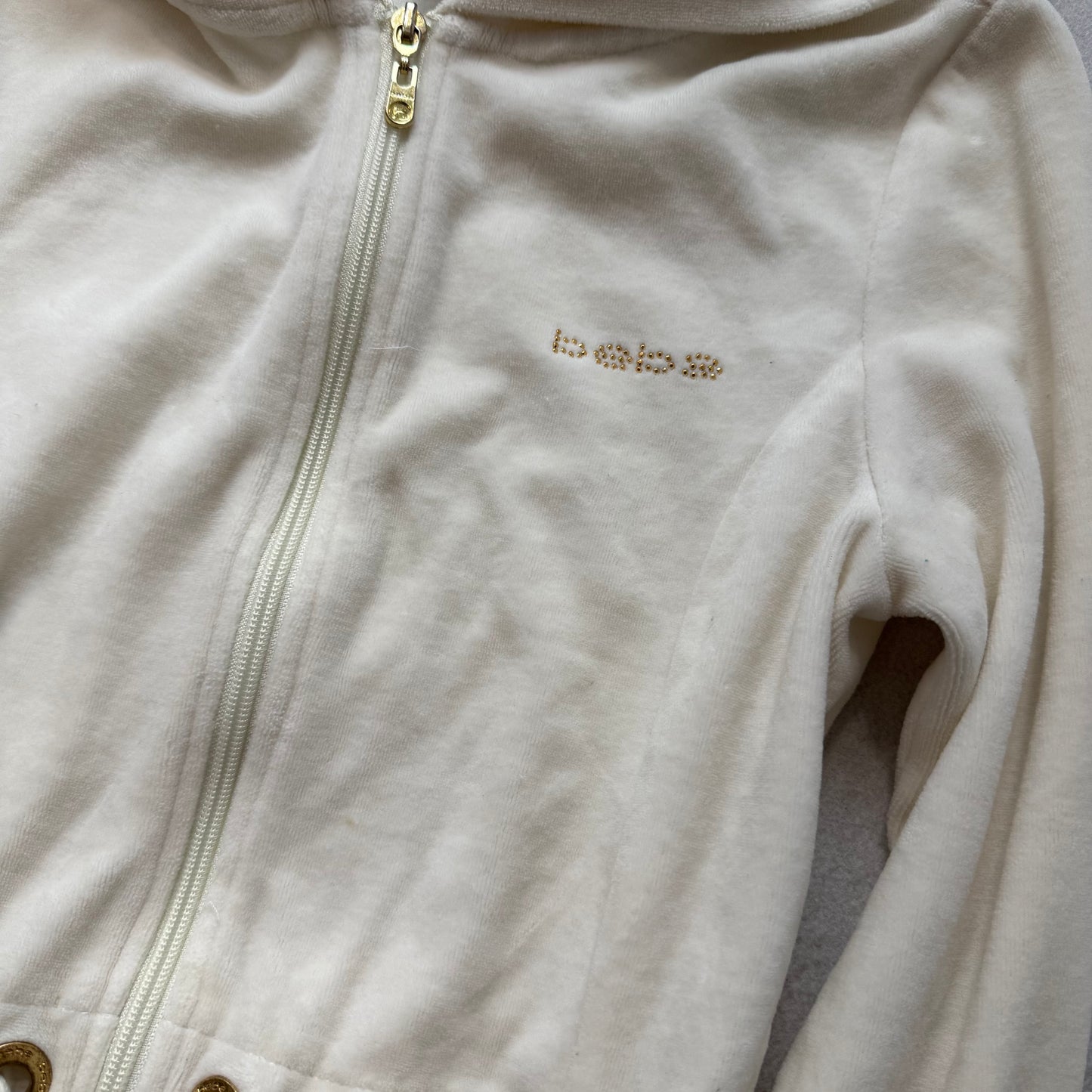 Bebe Women Cream Velour Full Zip Long Hoodie Drawstring Waist Pocket Y2k Size XS