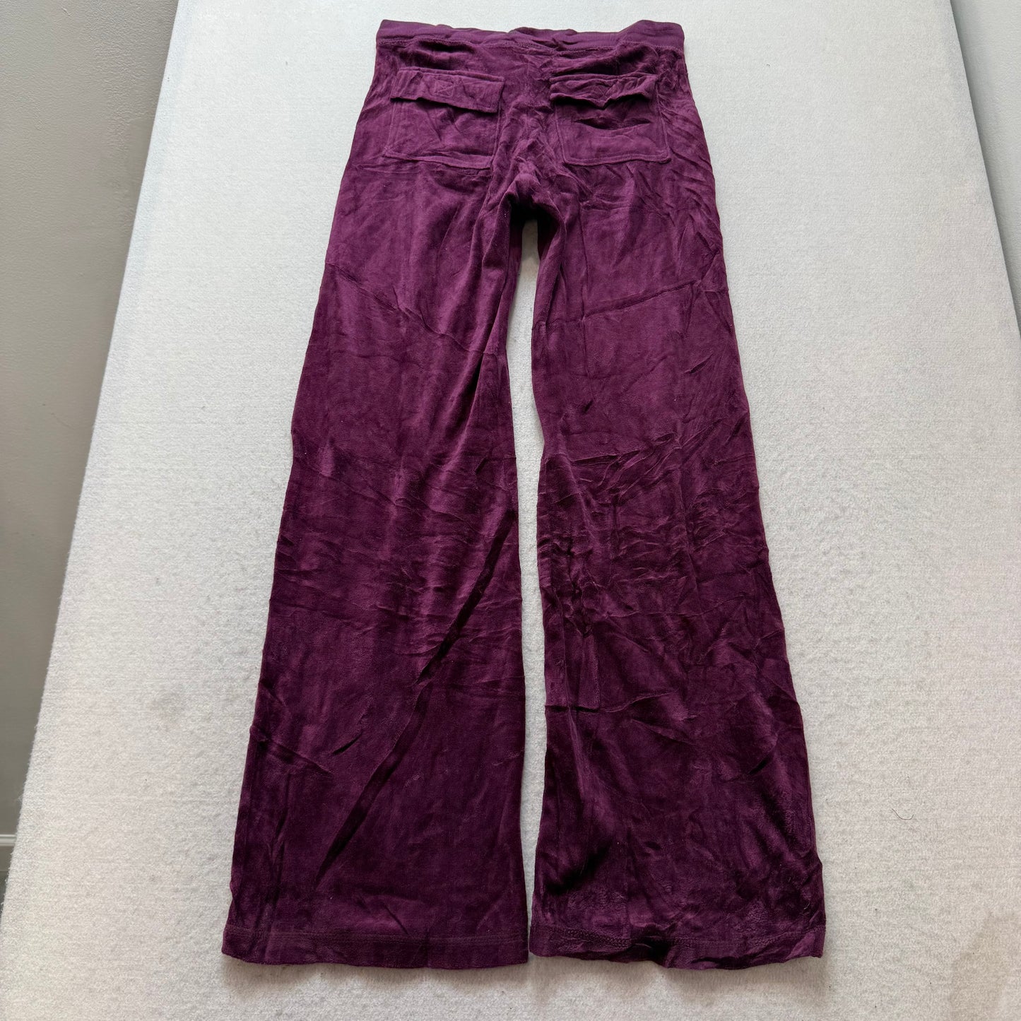 Juicy Couture Women Dark Plum Velour Wide Leg Flare Track Pant Drawstring Size M