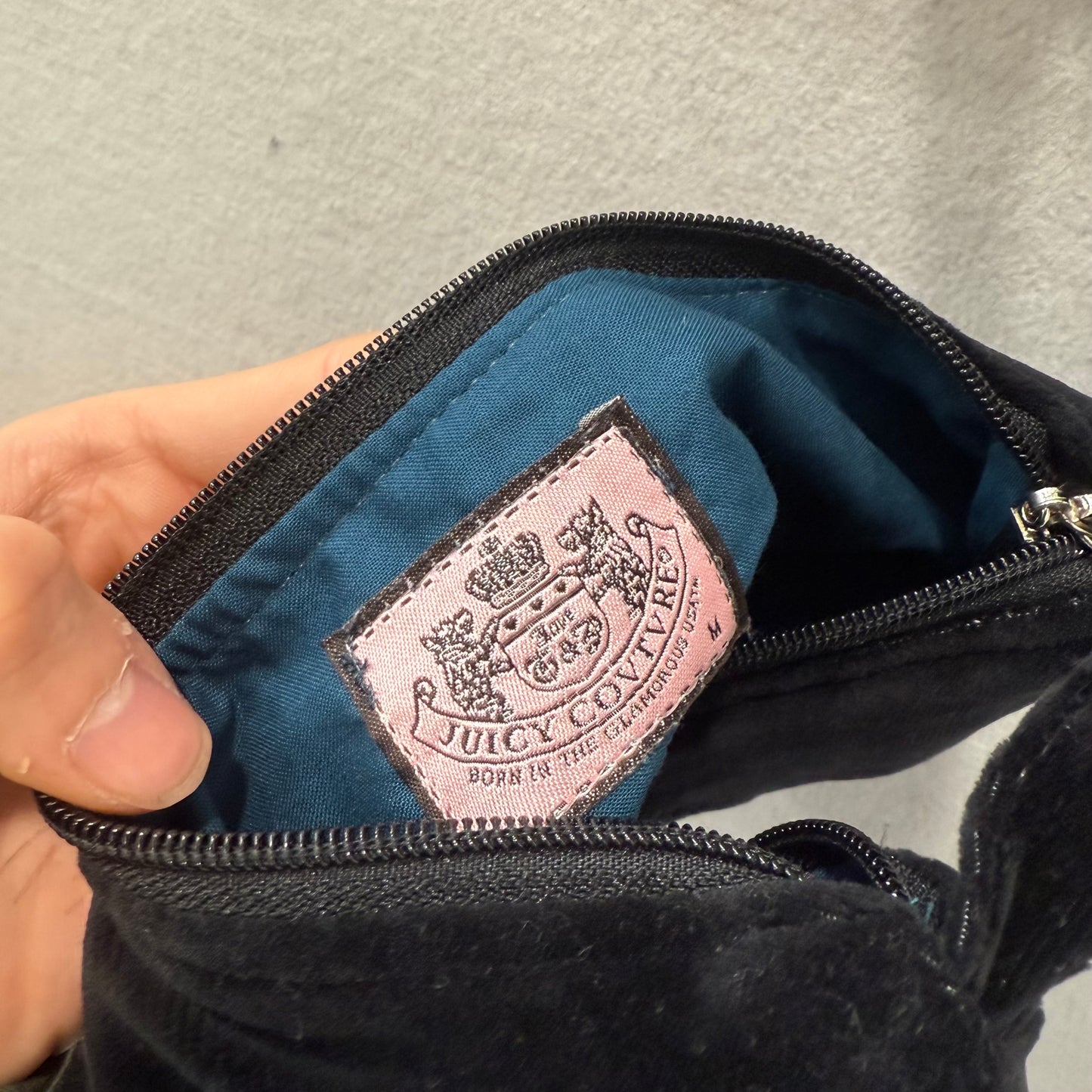 Juicy Couture Women's Black Velour Embroidered Crest Handmade Hobo Bag Size M