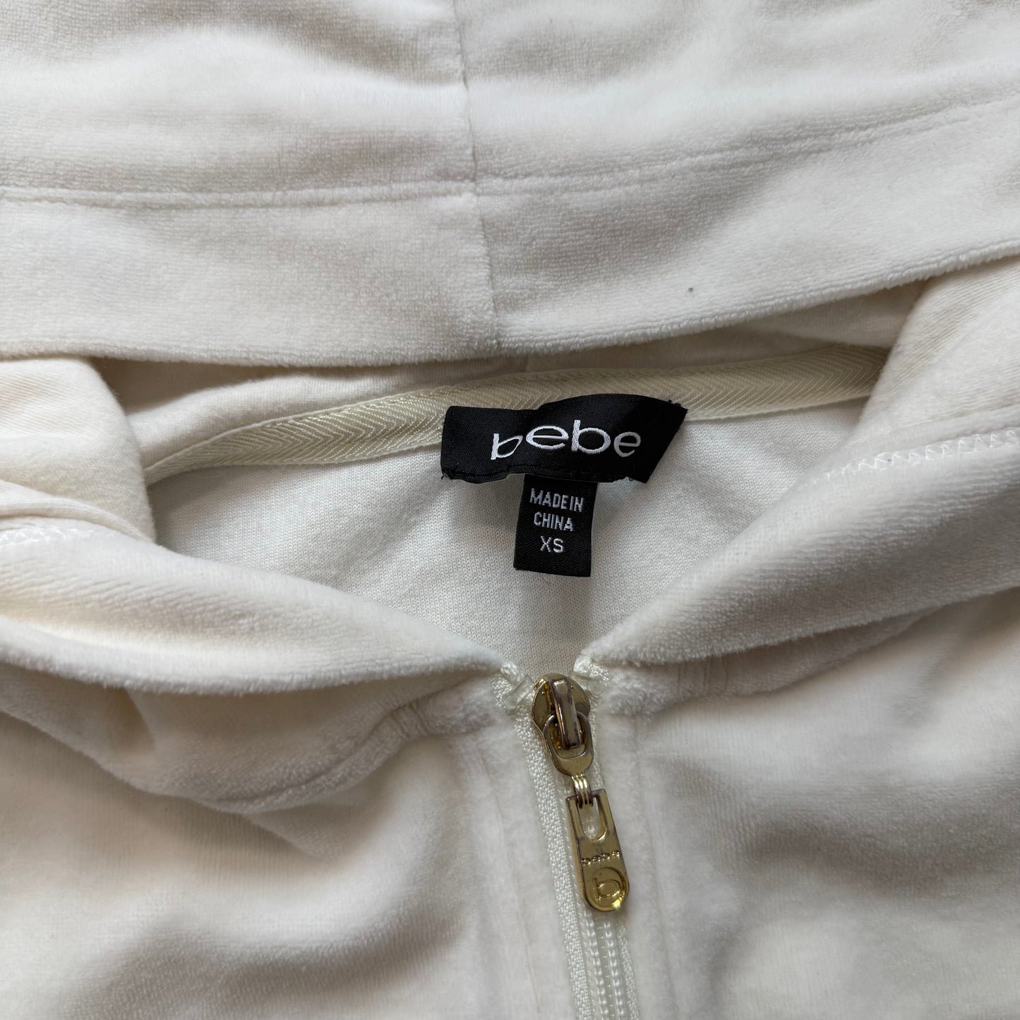 Bebe Women Cream Velour Full Zip Long Hoodie Drawstring Waist Pocket Y2k Size XS