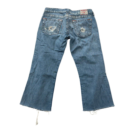 True Religion Blue Denim Cropped Flare Distressed Jeans Raw Hem Low Rise Size 30
