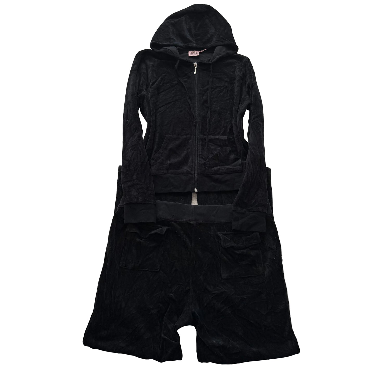 Vintage Juicy Couture Women's Black Velour Tracksuit Set Hoodie & Pant Y2k Size L