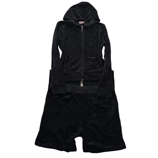 Vintage Juicy Couture Women's Black Velour Tracksuit Set Hoodie & Pant Y2k Size L