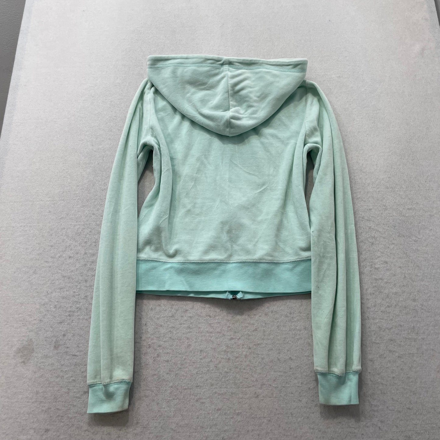 Vintage Juicy Couture Women's Mint Blue Velour Zip Up Cropped Hoodie Y2K Size L