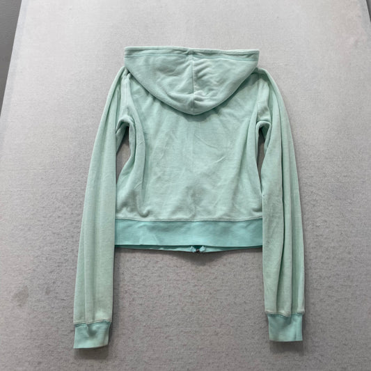 Vintage Juicy Couture Women's Mint Blue Velour Zip Up Cropped Hoodie Y2K Size L