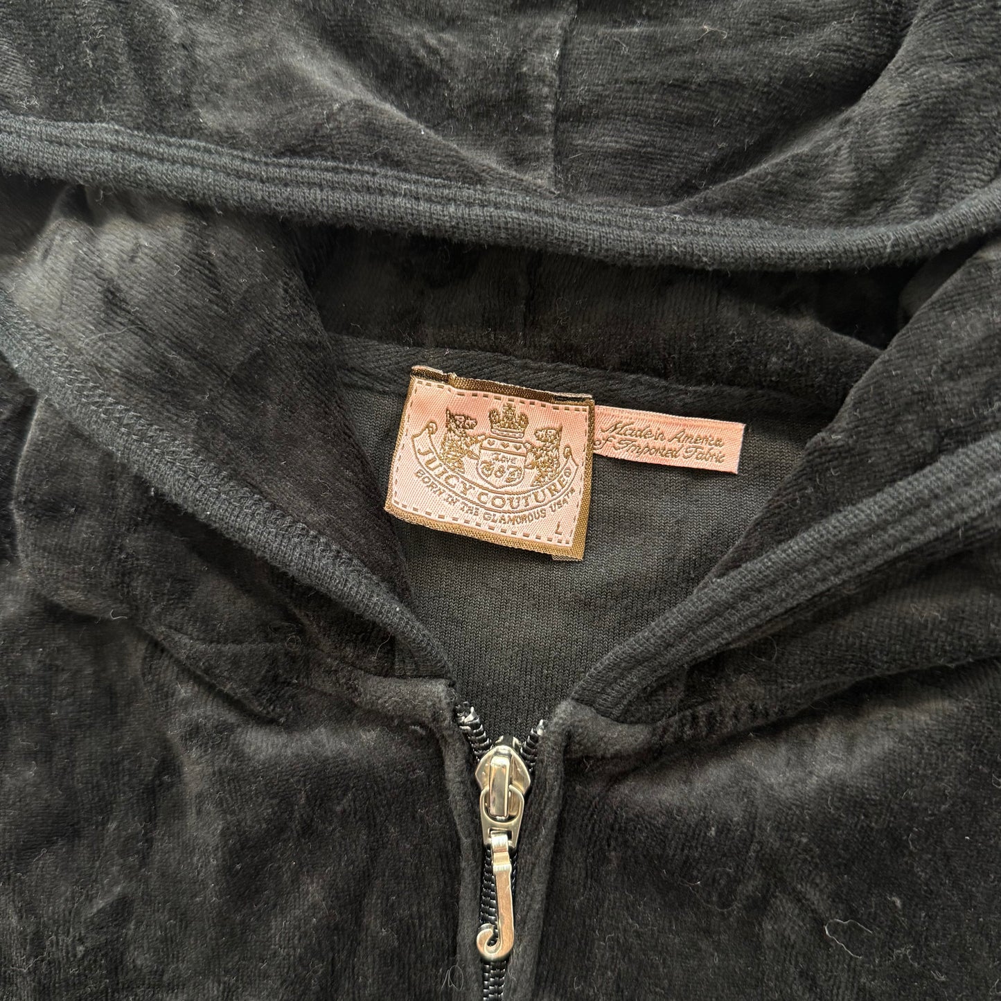 Vintage Juicy Couture Women's Jet Black Velour Zip-Up Hoodie Pockets Y2K Size L