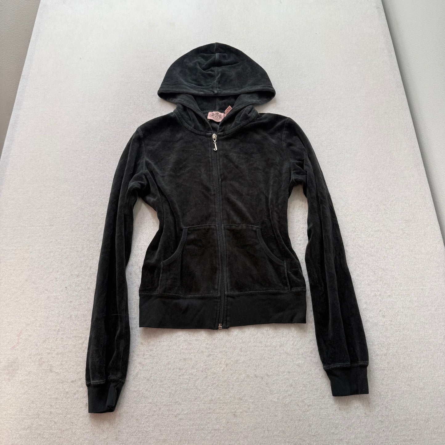 Vintage Juicy Couture Women's Black Velour Full Zip Cropped Hoodie Logo Size S