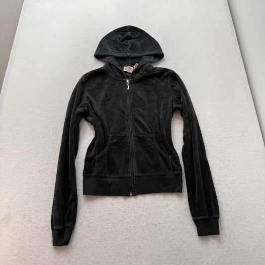 Vintage Juicy Couture Women's Black Velour Full Zip Cropped Hoodie Logo Size S