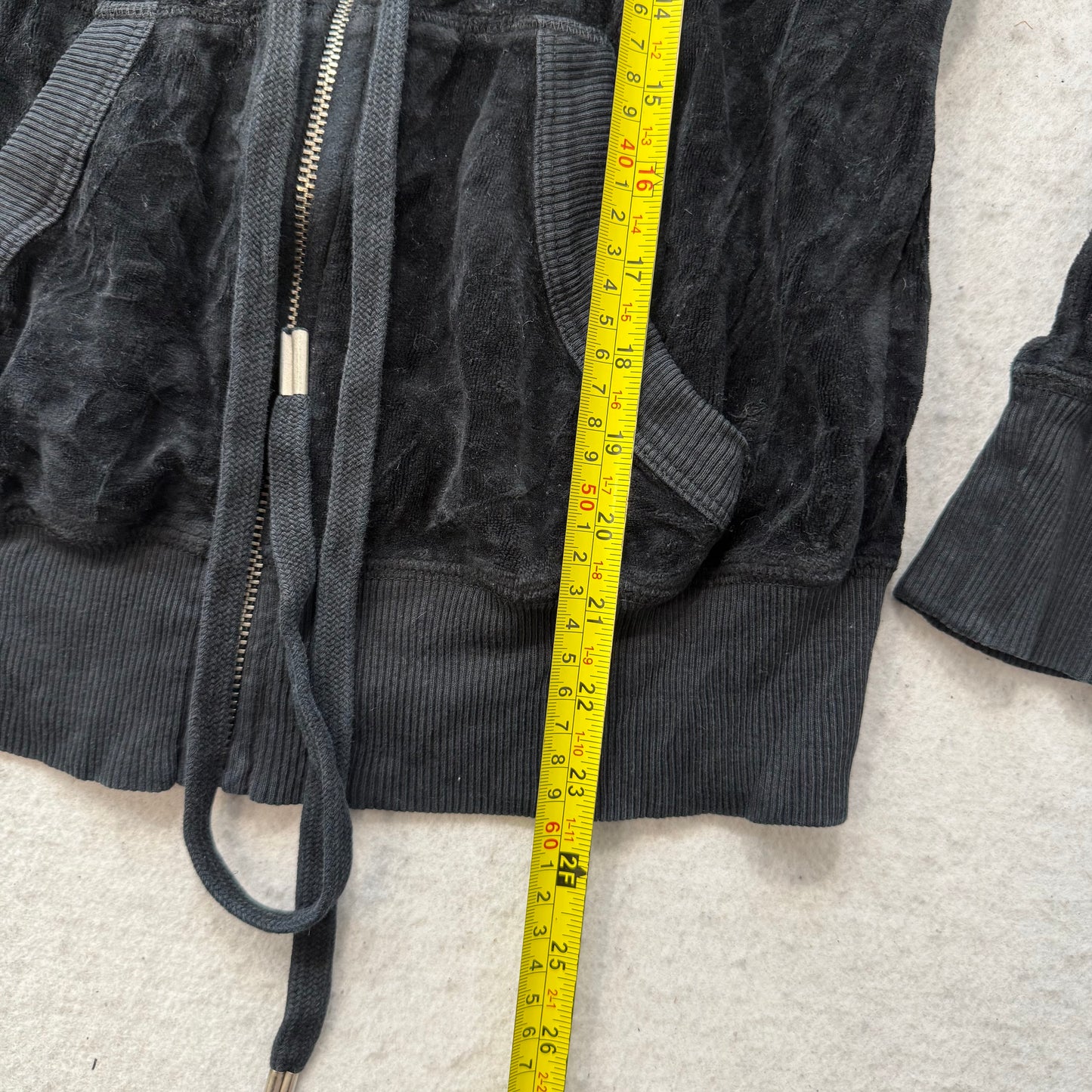 Juicy Couture Women's Black Velour Zip-Up Hoodie Drawstring Waist Pockets Size M