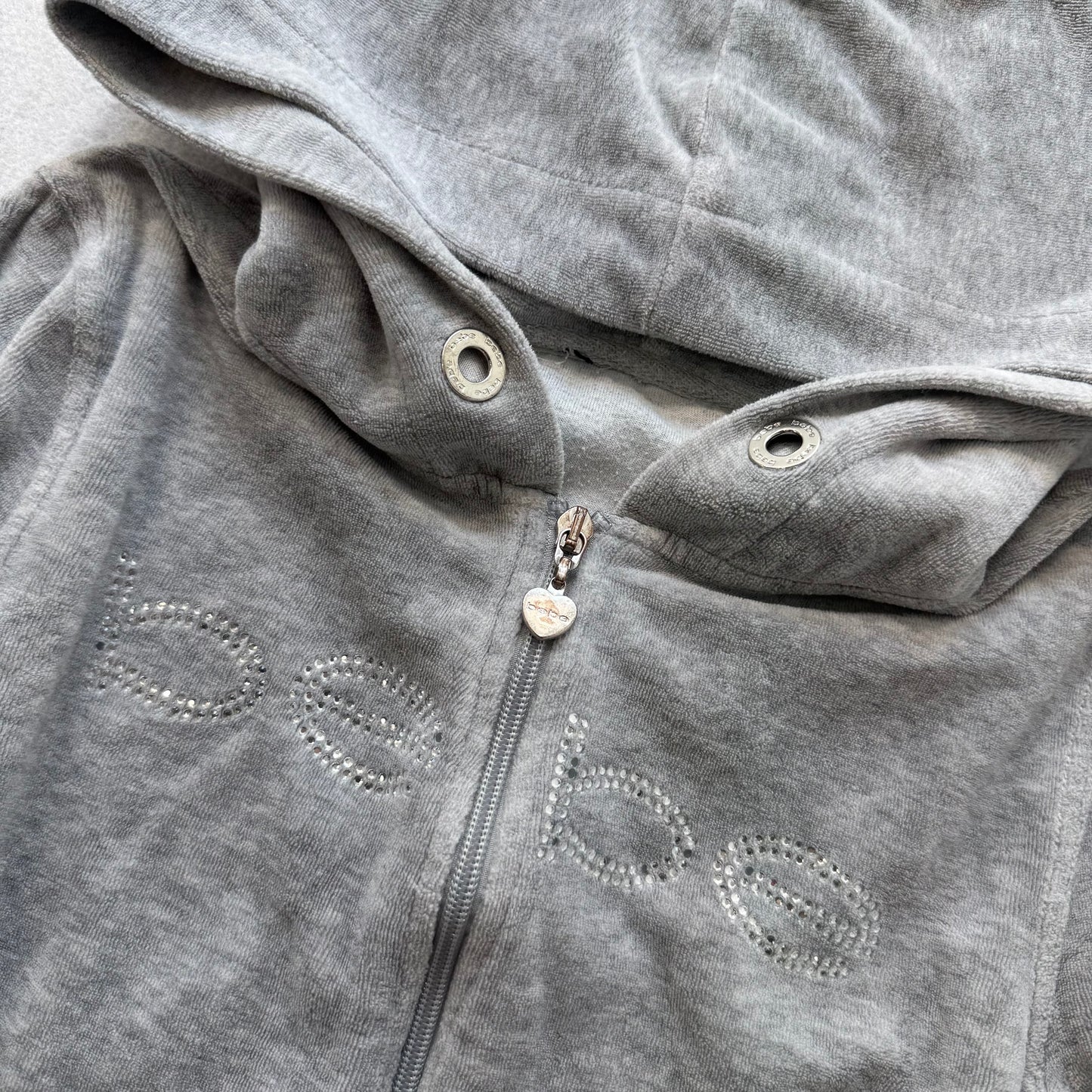 Bebe Women's Gray Velour Full Zip Hoodie Rhinestone Logo Pockets Y2k Size S