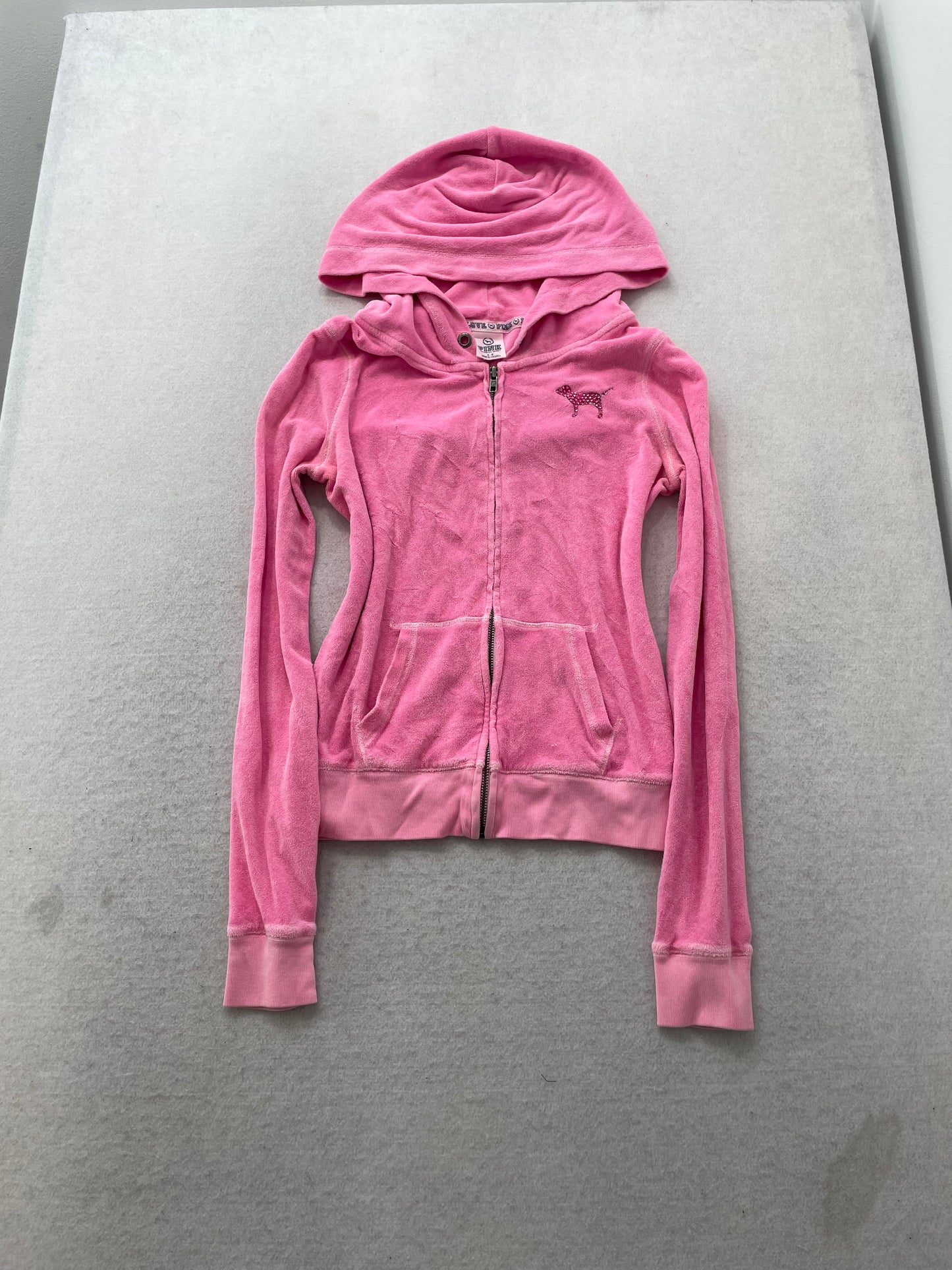 Victoria's Secret PINK Women's Pink Velour Zip Up Hoodie Dog Logo Preppy Size S