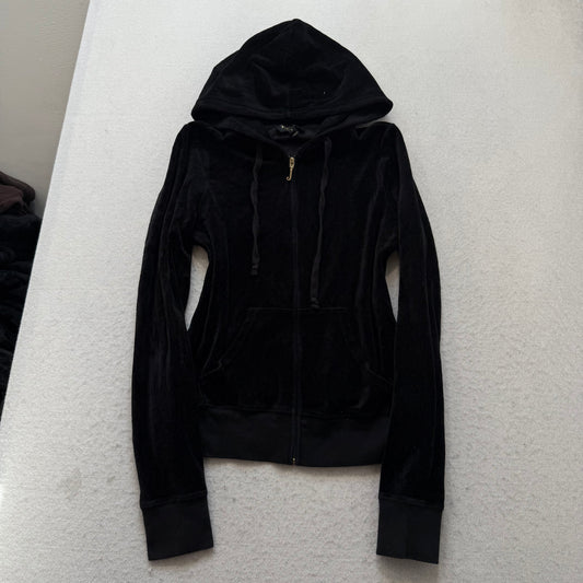 Juicy Couture Womens Jet Black Velour Zip-Up Hoodie Rhinestone Crown Logo Size S
