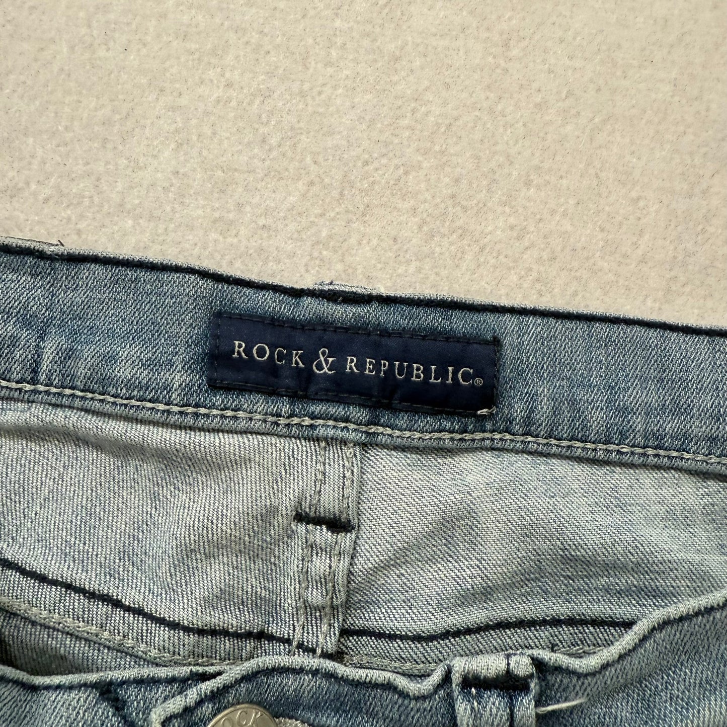 Rock & Republic Women's Blue Denim Bootcut Jeans Rhinestone Logo Pockets Size 10