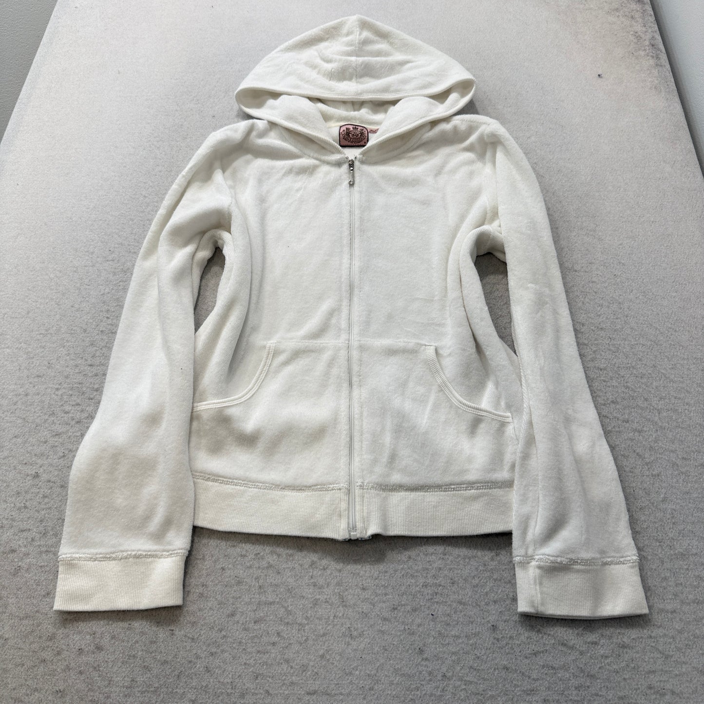 Juicy Couture Women's White Velour Zip-Up Hoodie Pockets Loungewear Y2K Size M