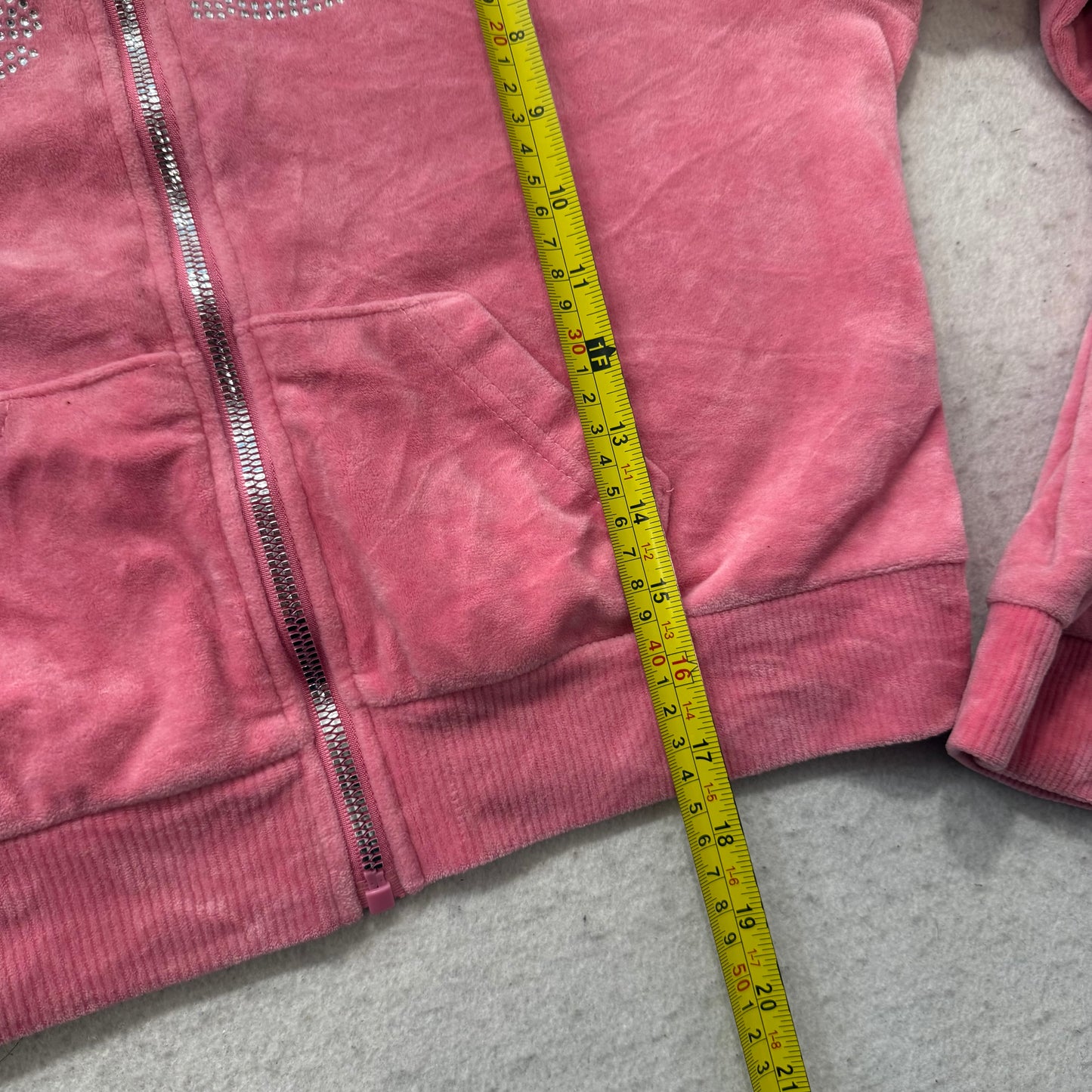 Bebe Women's Candy Pink Velour Full Zip Cropped Hoodie Rhinestones Logo Size XL