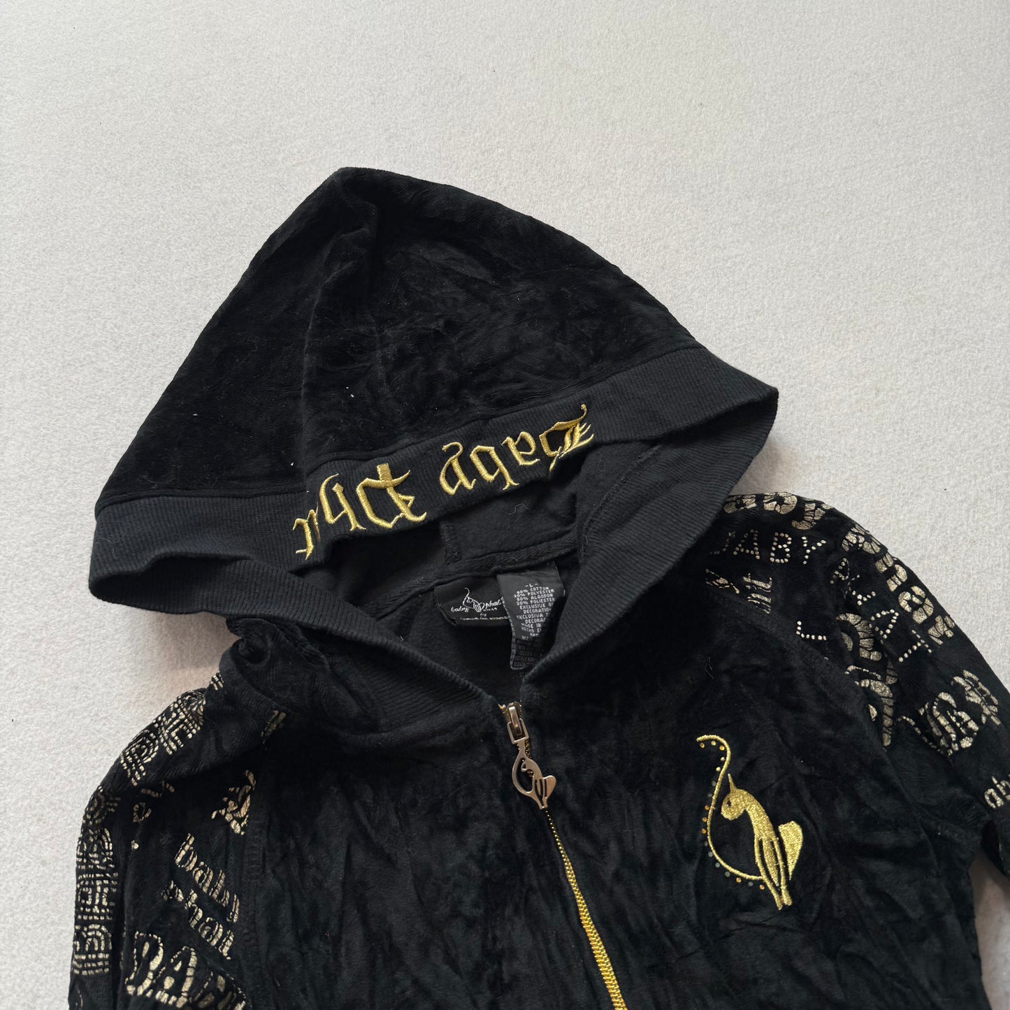Baby Phat Women Black Velour Zip Up Hoodie All-Over Print Rhinestone Logo Size L