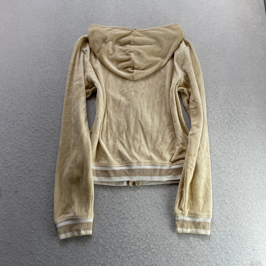 Vintage Juicy Couture Women Beige Velour Zip-Up Hoodie Striped Hem Pocket Size S