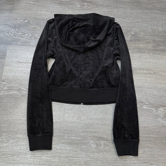 Playboy Women's Black Velour Zip-Up Cropped Fit Hoodie Rhinestones Logo Size M