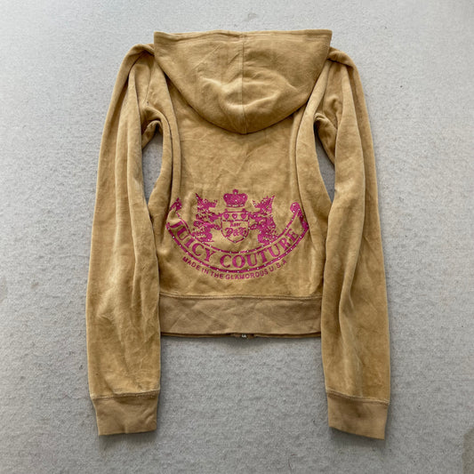 Juicy Couture Scottie Dogs Women's Camel Velour Zip-Up Hoodie Rhinestones Size M