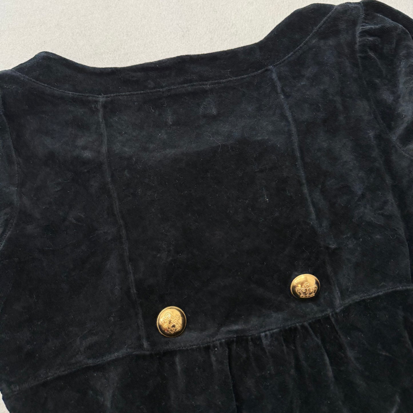 Juicy Couture Women's Black Velour Long Sleeve Dress Gold Crest Buttons Size P