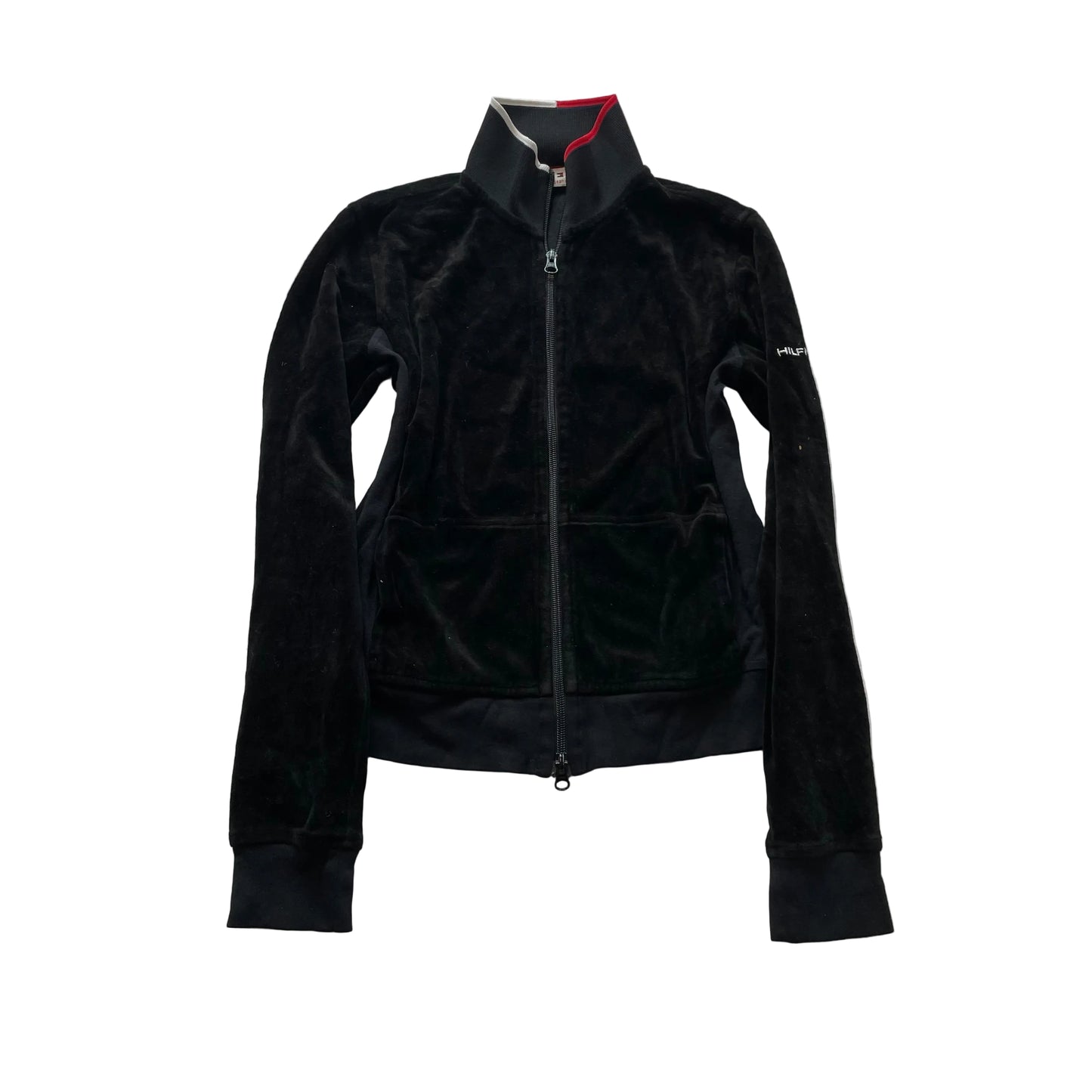 Tommy Hilfiger Women's Black Velour Full Zip Track Jacket Pockets Classic Size M