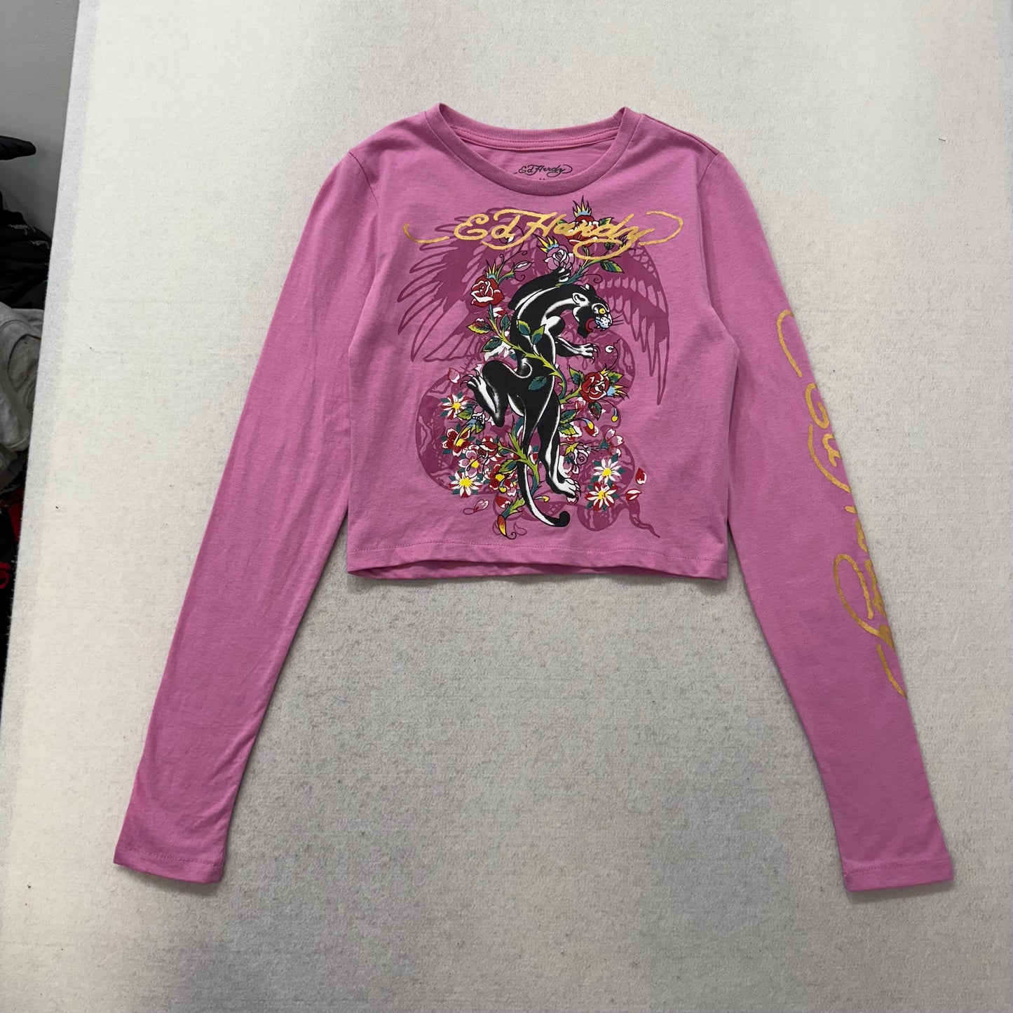 ED HARDY “Panther Rose” PINK LONG SLEEVE CROPPED BABY TEE