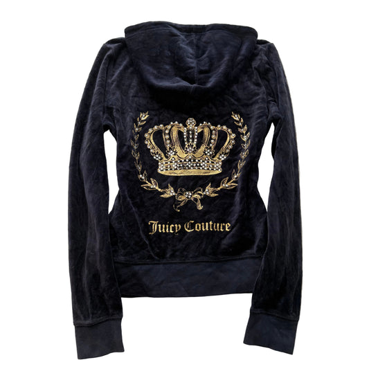 Juicy Couture Women Navy Velour Zip-Up Hoodie Gold Embellished Crown Logo Size M