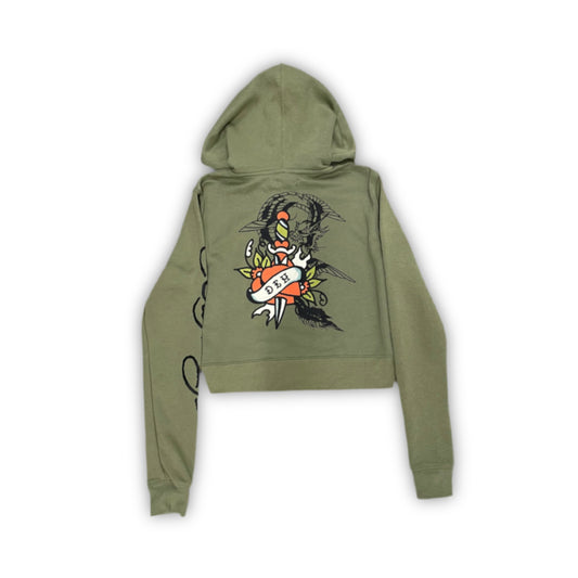 ED HARDY “dragon hearts” SAGE CROPPED ZIP UP HOODIE - Clean Curriculums 