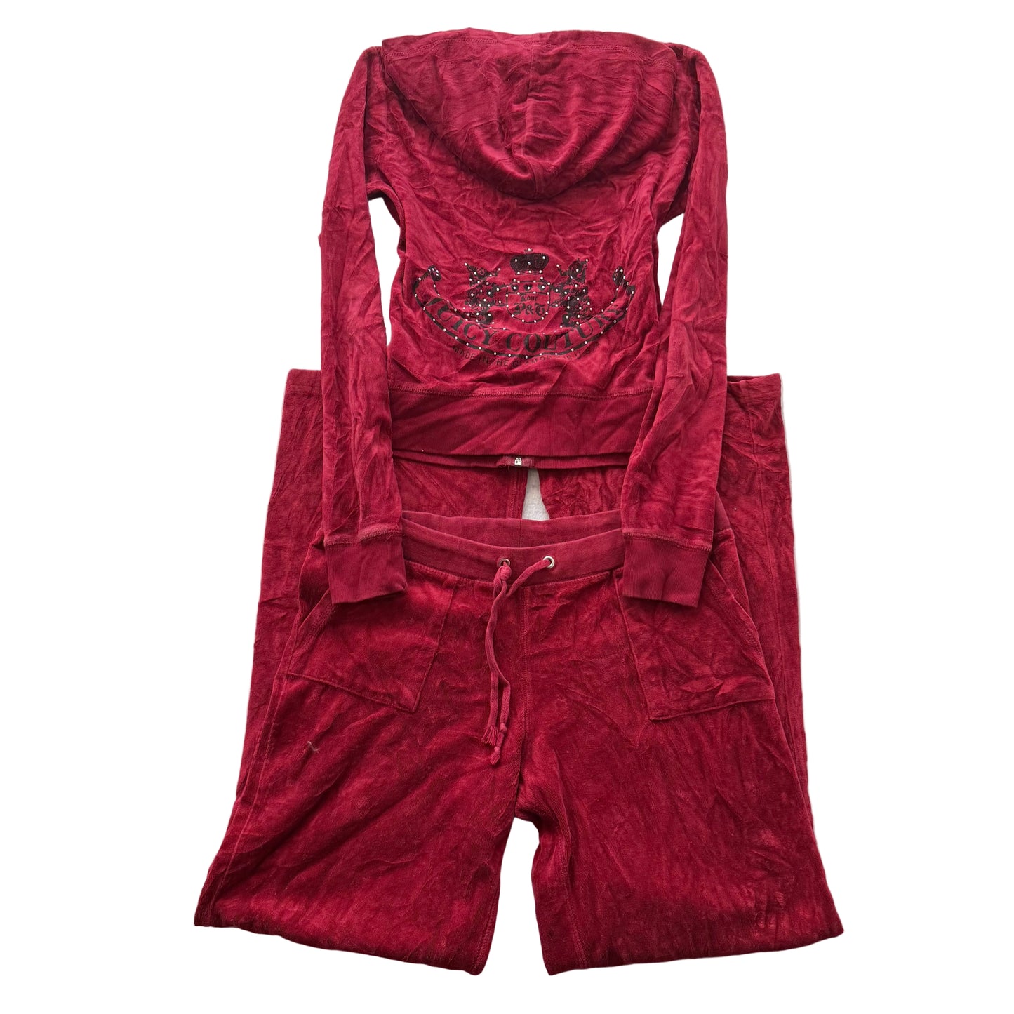 Juicy Couture Women Wine Red Velour Tracksuit Set Hoodie & Pant Pockets Size S/M