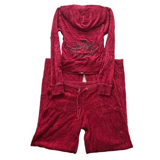 Juicy Couture Women Wine Red Velour Tracksuit Set Hoodie & Pant Pockets Size S/M