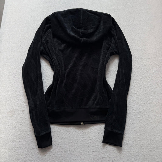 Juicy Couture Women's Black Velour Zip-Up Hoodie Rhinestone Zip Pockets Size S
