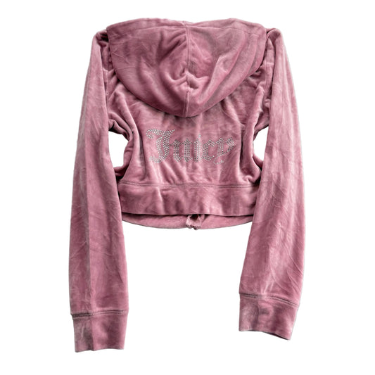 Juicy Couture Women's Pink Velour Zip-Up Cropped Hoodie Rhinestone Logo Size M