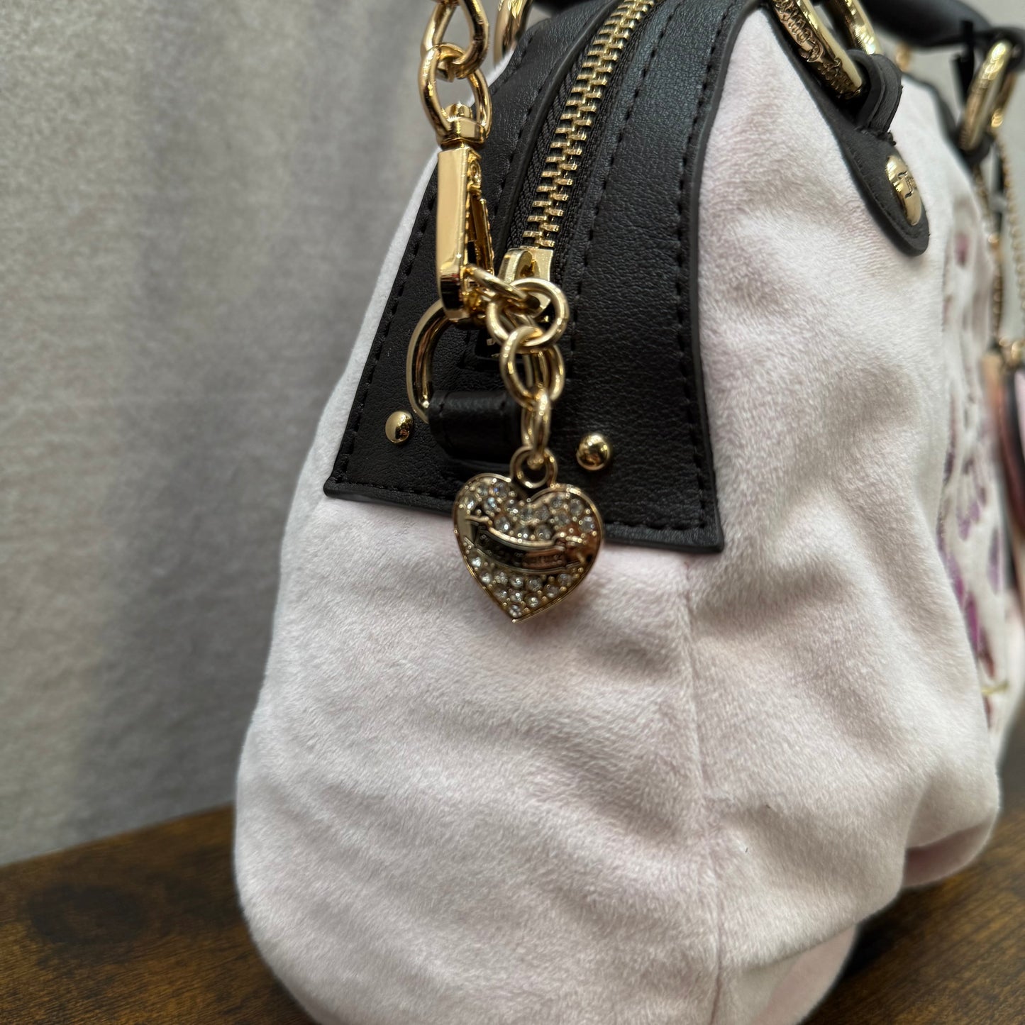 Vintage Juicy Couture pink velour rhinestone satchel bag Y2K heart charm